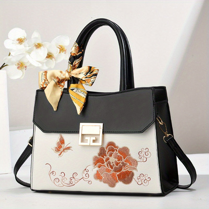 Floral PU Leather Briefcase Crossbody Bag