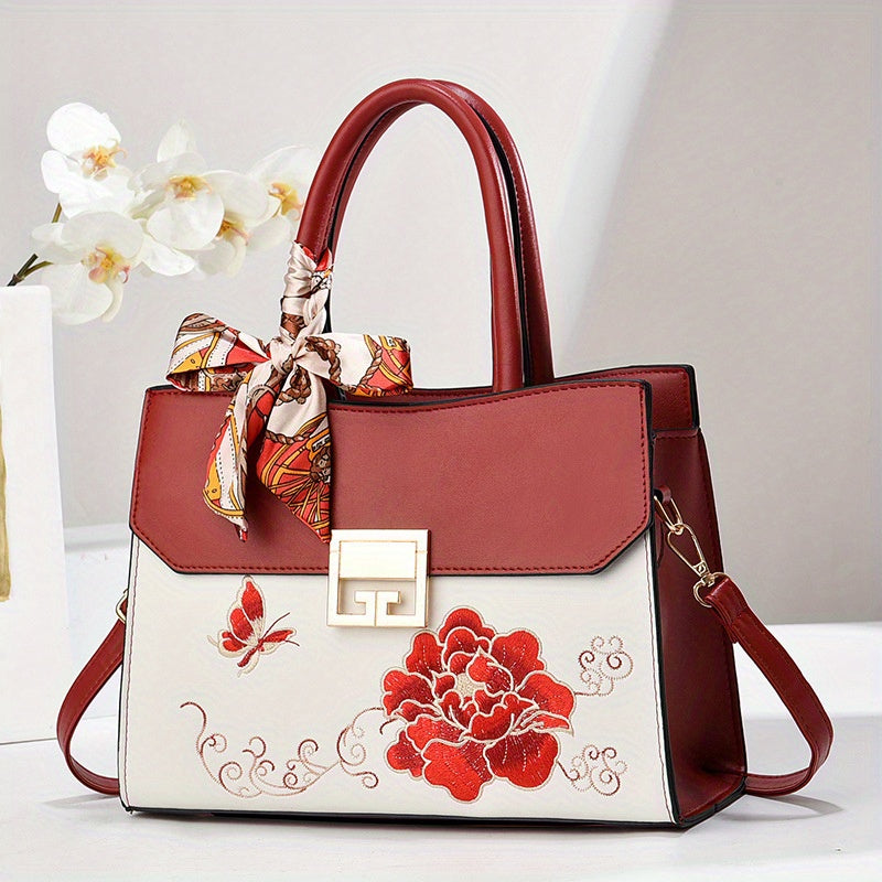 Floral PU Leather Briefcase Crossbody Bag