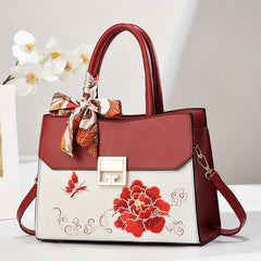 Floral PU Leather Briefcase Crossbody Bag