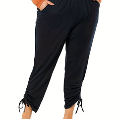  Solid Elastic Ruched Crop Trousers With Pockets