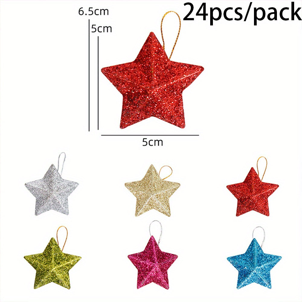 24pcs Golden Glitter Star Ornaments Festive Plastic Christmas Tree Pendants