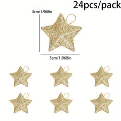 24pcs Golden Glitter Star Ornaments Festive Plastic Christmas Tree Pendants