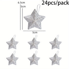 24pcs Golden Glitter Star Ornaments Festive Plastic Christmas Tree Pendants