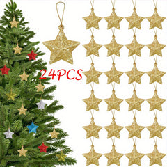 24pcs Golden Glitter Star Ornaments Festive Plastic Christmas Tree Pendants