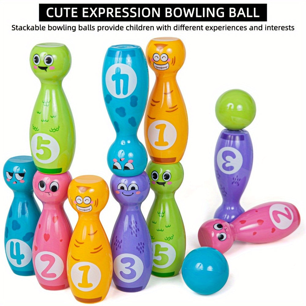 10 Pack Cartoon Bowling Set plus 2 Balls, Colorful Durable Fade-Resistant Design
