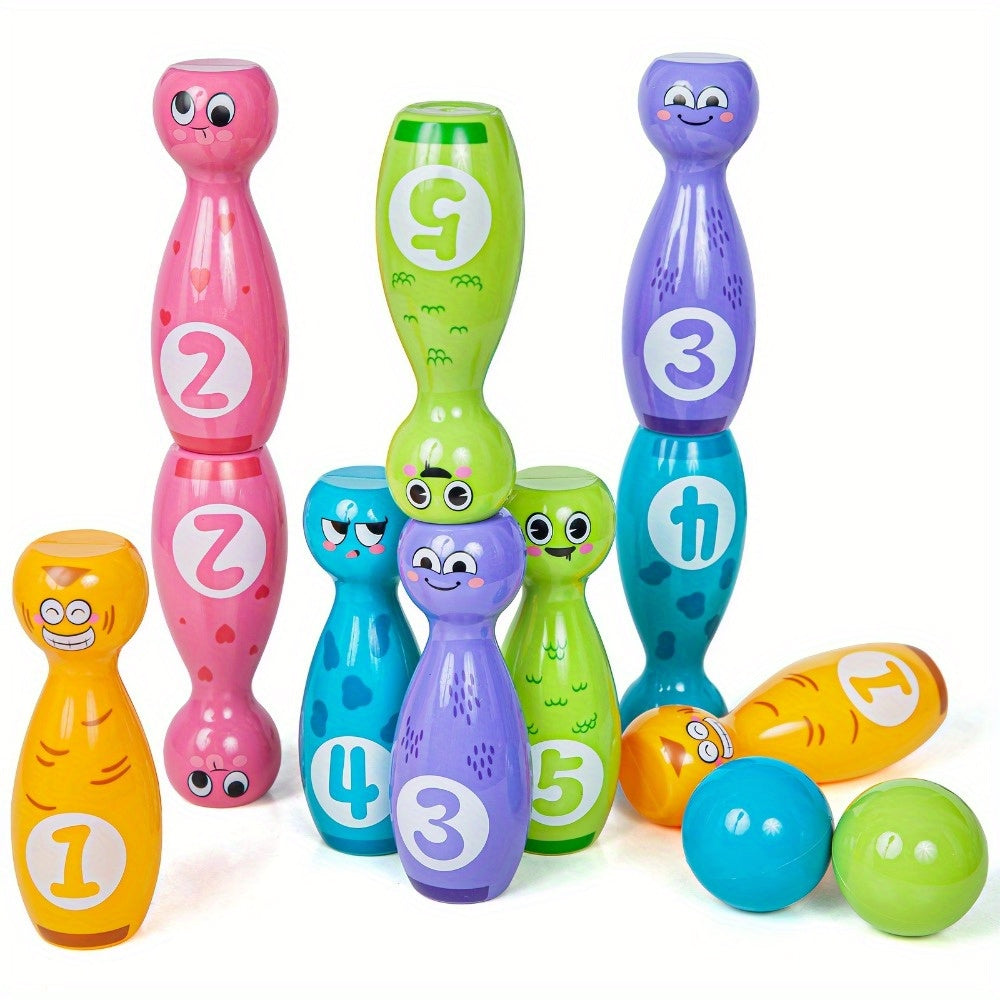10 Pack Cartoon Bowling Set plus 2 Balls, Colorful Durable Fade-Resistant Design
