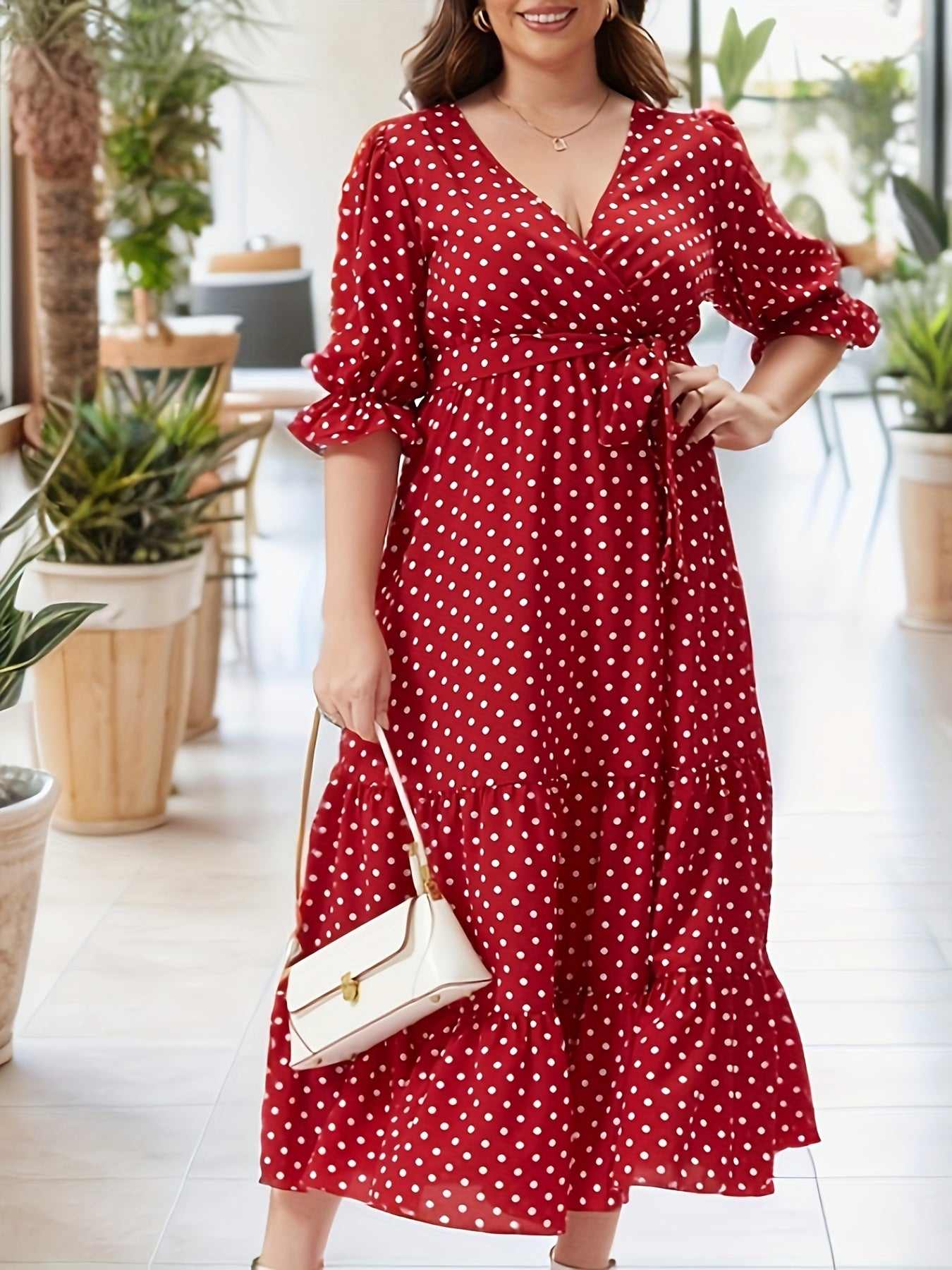 Plus Dot Print Flounce Sleeve Surplice Neck Maxi Dress