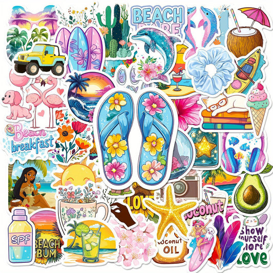 50 Beach Themed Vinyl Stickers - Waterproof & Reusable for Laptops, Water Bot