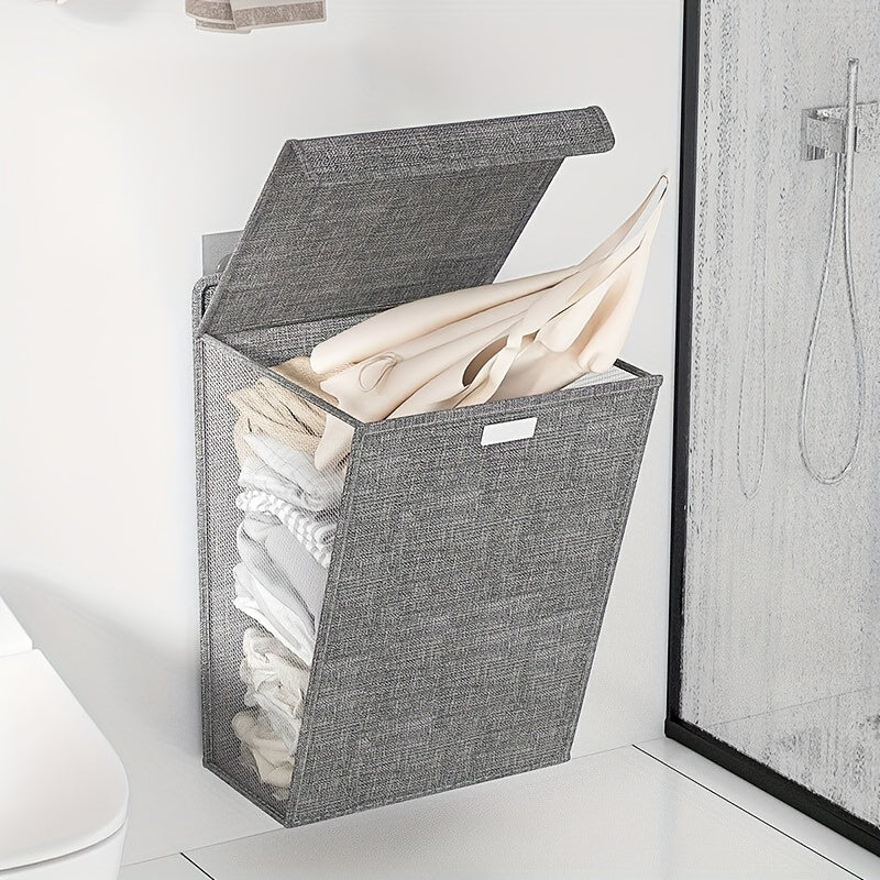 Foldable Laundry Basket Wall Mounted Organizer Gray Polyester Adjustable Strap