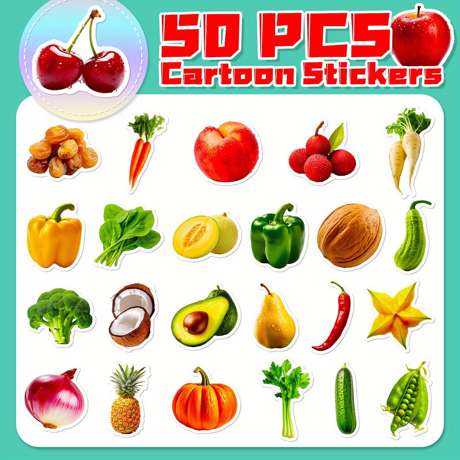 50pcs Vinyl Fruit & Vegetable Decals Food Designs Self Adhesive for DIY Teens
