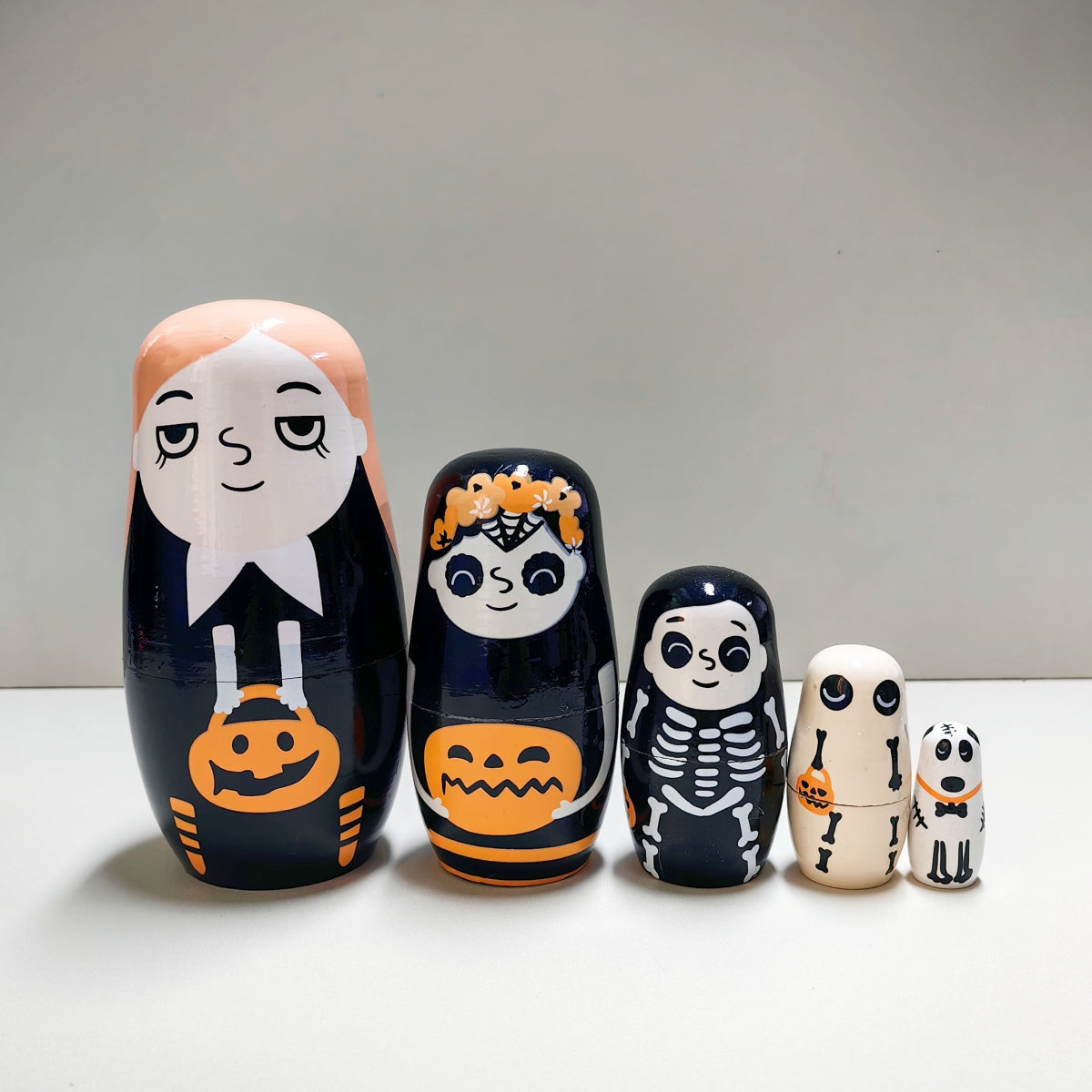 Handcrafted Wooden Nesting Dolls - Orange Halloween Figurine