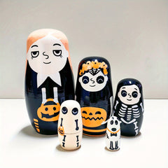 Handcrafted Wooden Nesting Dolls - Orange Halloween Figurine
