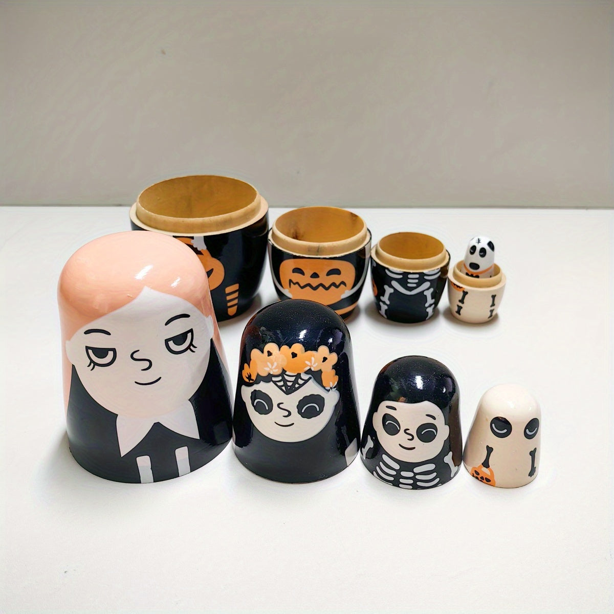 Handcrafted Wooden Nesting Dolls - Orange Halloween Figurine