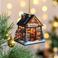 Wooden Bookstore Ornament 2D Festive Christmas Decor Bookshelf Gift