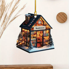 Wooden Bookstore Ornament 2D Festive Christmas Decor Bookshelf Gift