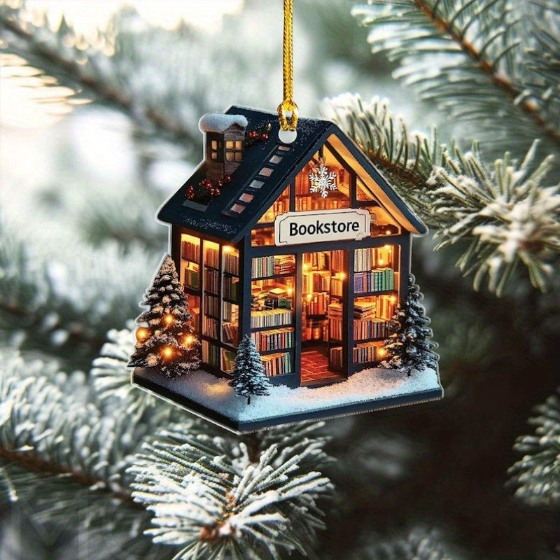 Wooden Bookstore Ornament 2D Festive Christmas Decor Bookshelf Gift