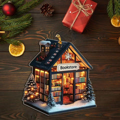 Wooden Bookstore Ornament 2D Festive Christmas Decor Bookshelf Gift