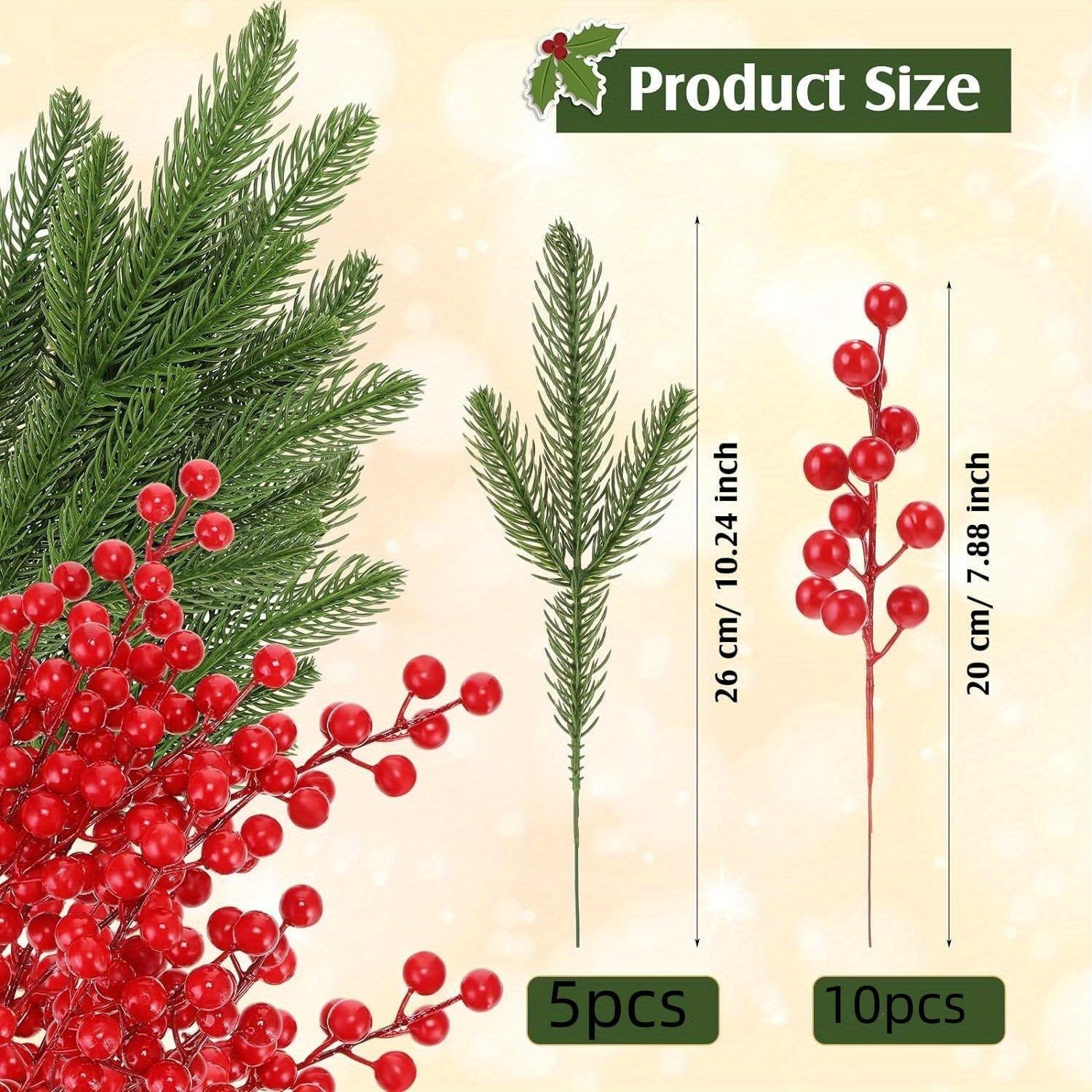 15pcs Artificial Pine Branches & Red Berry Stems for DIY Christmas Decor