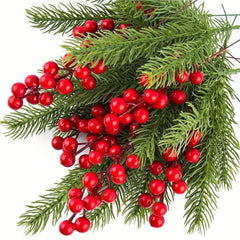 15pcs Artificial Pine Branches & Red Berry Stems for DIY Christmas Decor