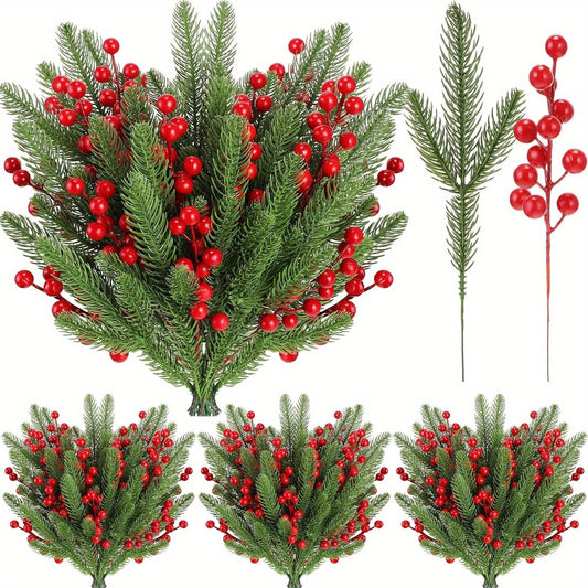 15pcs Artificial Pine Branches & Red Berry Stems for DIY Christmas Decor