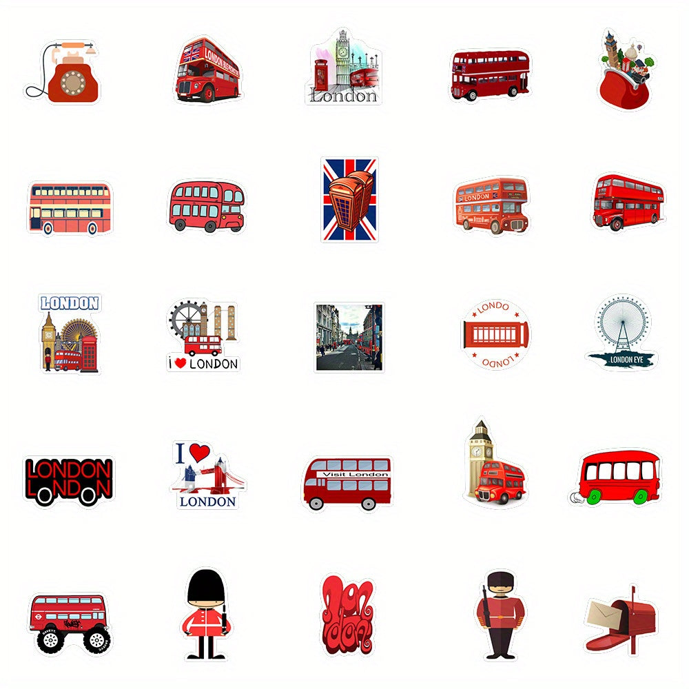 50pcs London Red Bus Sticker Pack Funny & Cartoon Art Decals for DIY