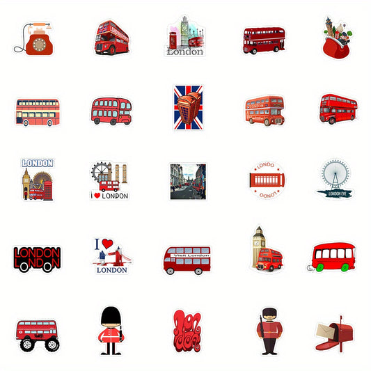 50pcs London Red Bus Sticker Pack Funny & Cartoon Art Decals for DIY