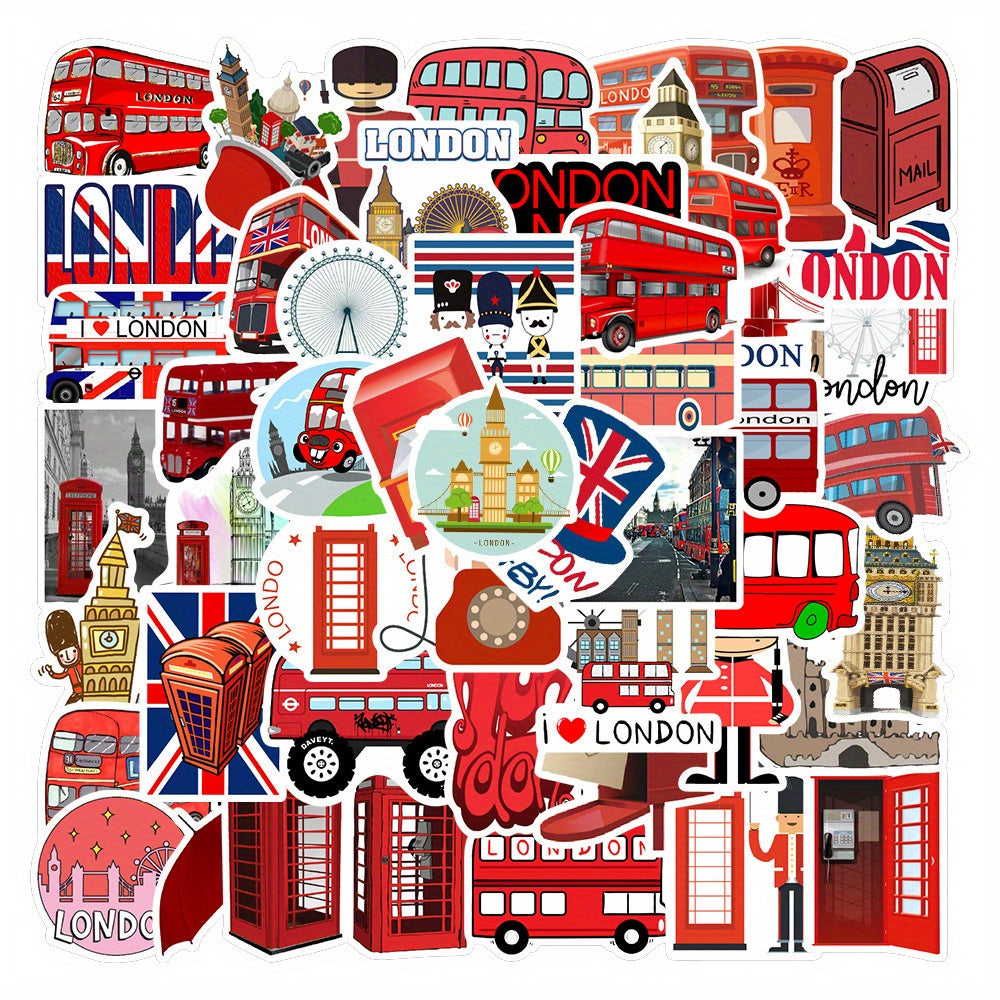 50pcs London Red Bus Sticker Pack Funny & Cartoon Art Decals for DIY