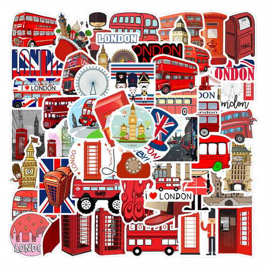 50pcs London Red Bus Sticker Pack Funny & Cartoon Art Decals for DIY