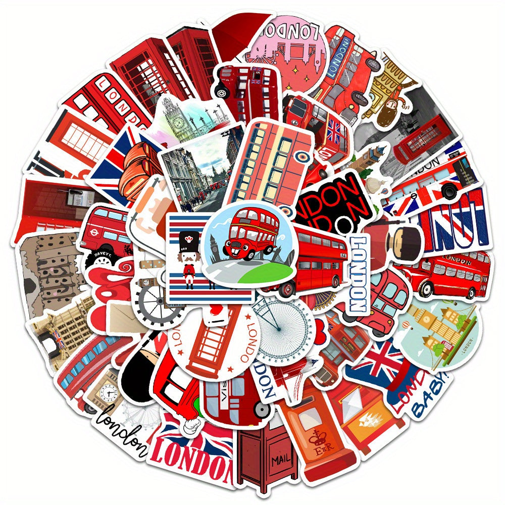 50pcs London Red Bus Sticker Pack Funny & Cartoon Art Decals for DIY