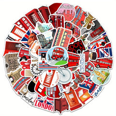 50pcs London Red Bus Sticker Pack Funny & Cartoon Art Decals for DIY