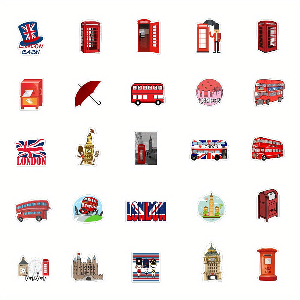 50pcs London Red Bus Sticker Pack Funny & Cartoon Art Decals for DIY