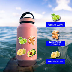 50pcs Fruit & Veggie Cartoon Stickers for Water Bottle Skateboard