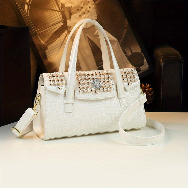 Crocodile Pattern Satchel with Rhinestone Accents