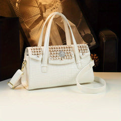 Crocodile Pattern Satchel with Rhinestone Accents