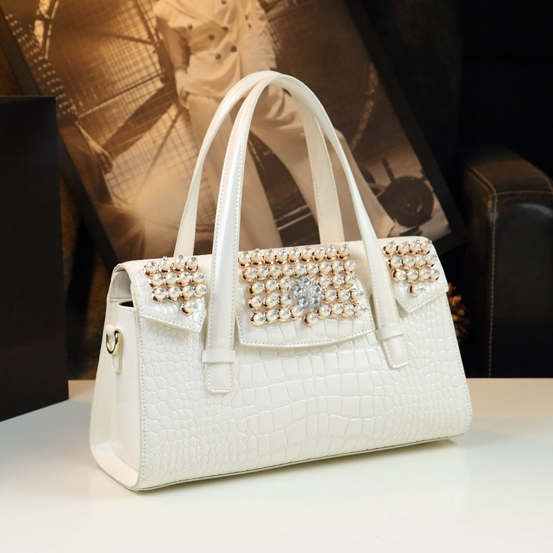 Crocodile Pattern Satchel with Rhinestone Accents