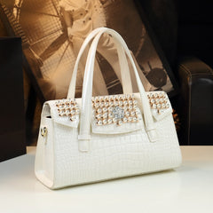 Crocodile Pattern Satchel with Rhinestone Accents