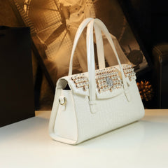 Crocodile Pattern Satchel with Rhinestone Accents