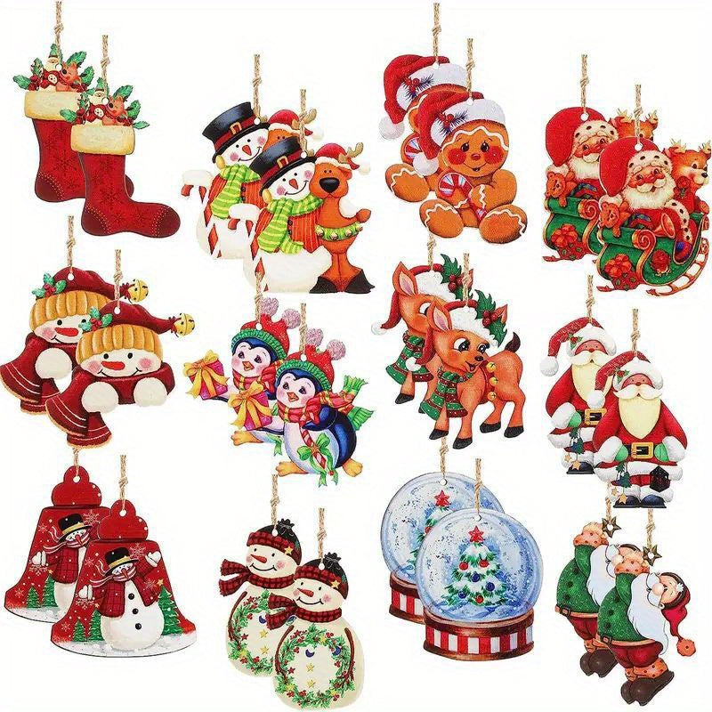 24pcs Wooden Christmas Tree Ornaments Santa Snowman Ball Designs Holiday Decor