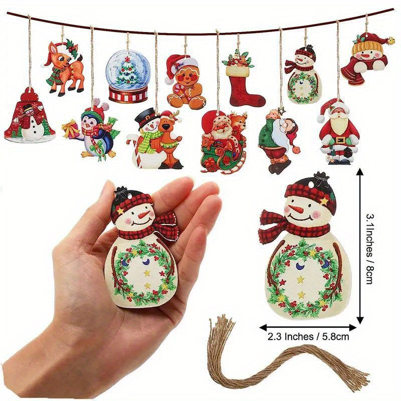 24pcs Wooden Christmas Tree Ornaments Santa Snowman Ball Designs Holiday Decor