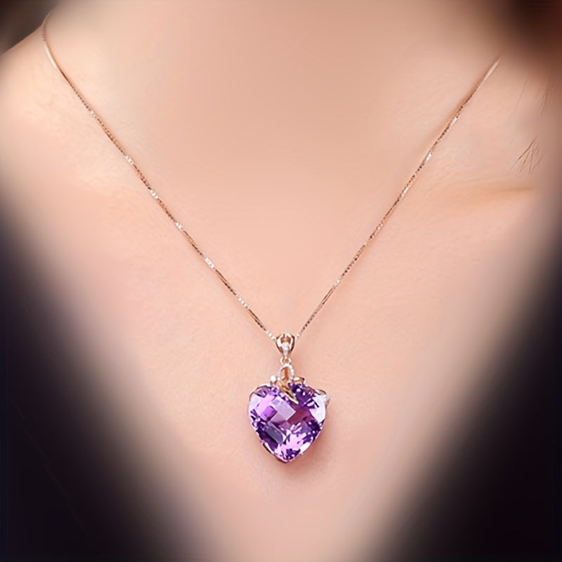 Heart Shaped Amethyst Pendant Necklace - Synthetic Gemstone Jewelry