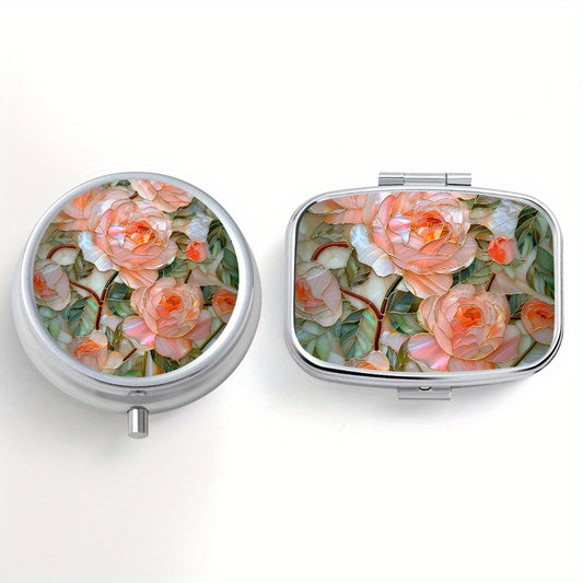 Floral Print Pill Organizer Set Metal Medicine Box 3 Compartment Round 2 Com