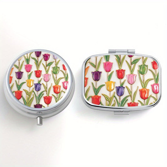 2pcs Tulip Pattern Pill Boxes Portable Medicine Case 3 Compartments for Travel