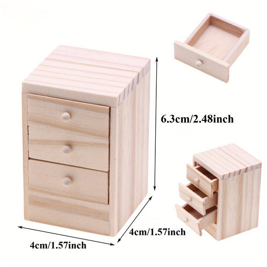 Dollhouse Mini Wooden Bedside Table 6 Drawer Storage & Mirror