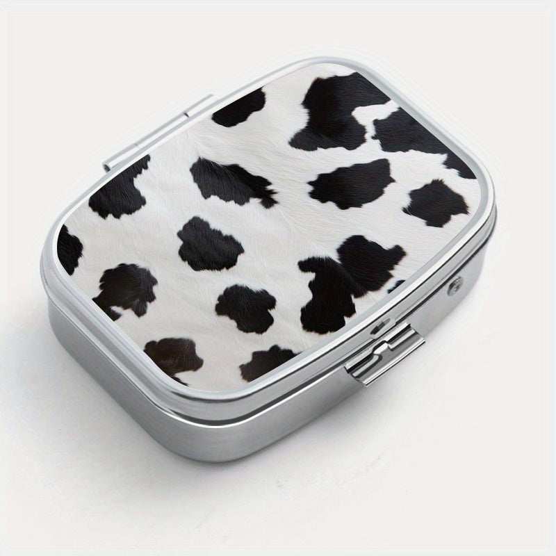 Cow Print Square Pill Organizer Box Mini Portable Medicine Case 2 Compartments