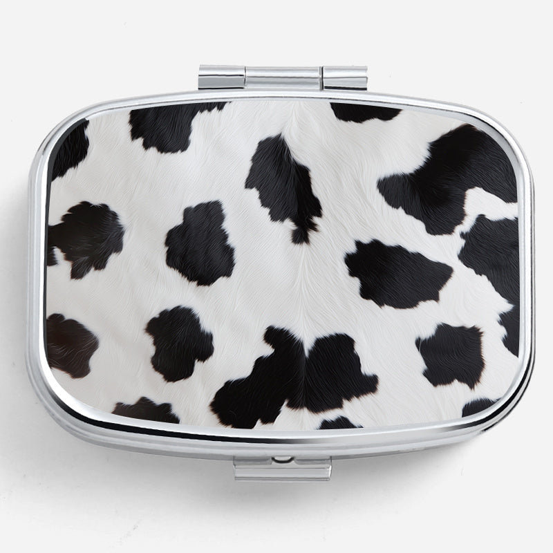 Cow Print Square Pill Organizer Box Mini Portable Medicine Case 2 Compartments