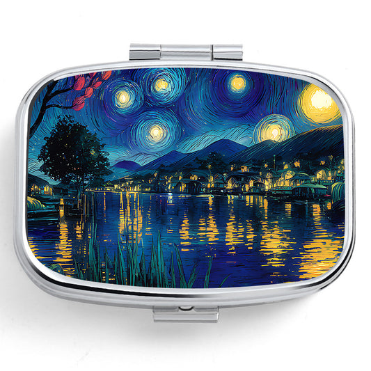 Van Gogh Starry Night Pill Box 2 Compartment Compact Metal Medicine Case