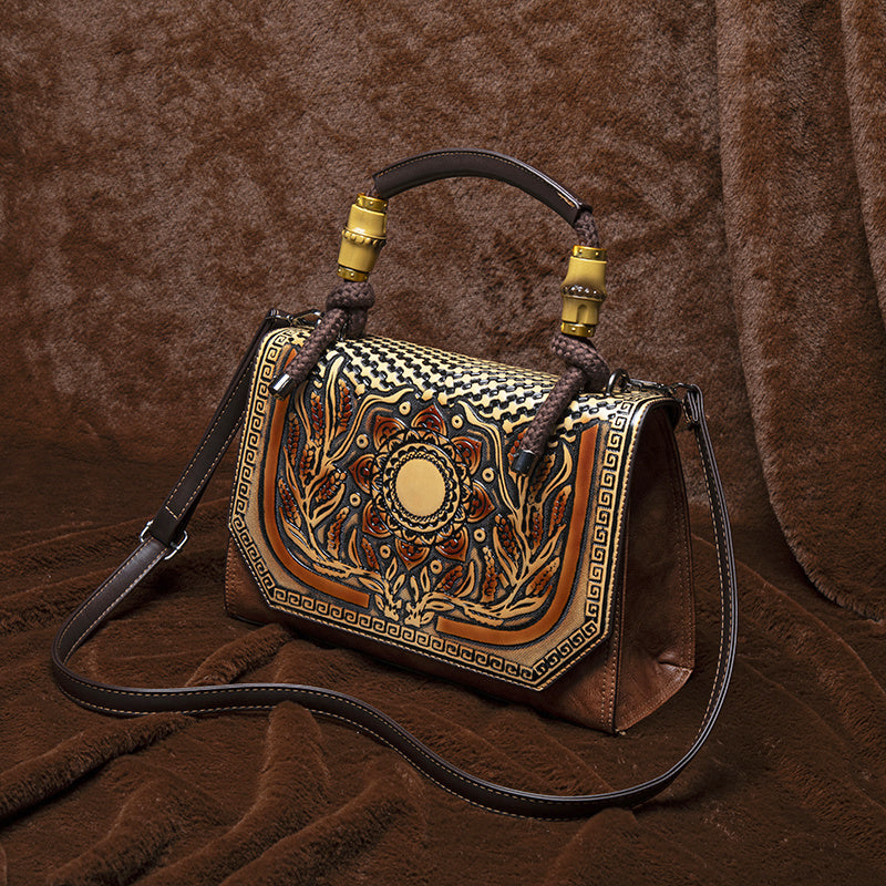 Vintage Floral Handbag Caramel Brown Zip