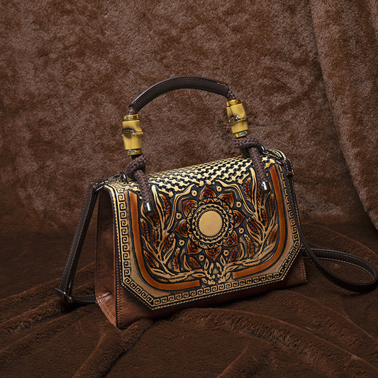 Vintage Floral Handbag Caramel Brown Zip
