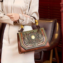 Vintage Floral Handbag Caramel Brown Zip