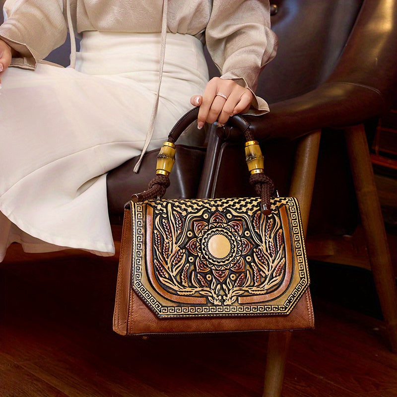 Vintage Floral Handbag Caramel Brown Zip